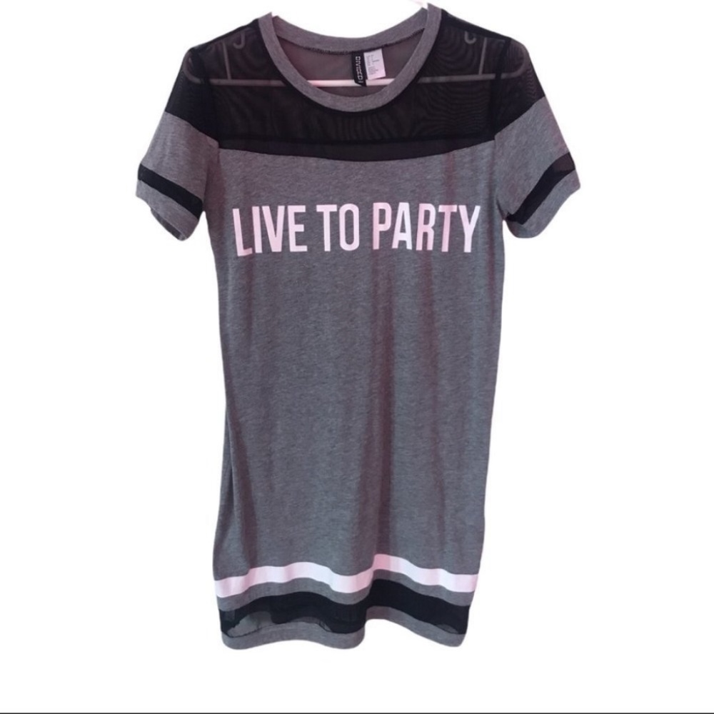 3/$30 Live to Party graphic long T-shirt mini dress Sheer mesh cutouts